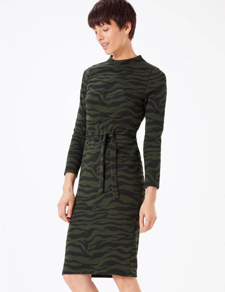 Marks & Spencer Animal Print Belted Shift Midi Dress Green Mix