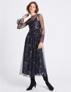 Marks & Spencer Printed Mesh Flared Sleeve Midi Dress Dark Navy