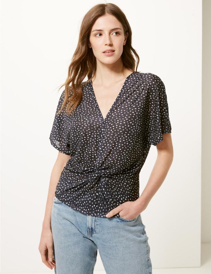 Marks & Spencer Polka Dot Twist Front Short Sleeve Blouse Ivory Mix