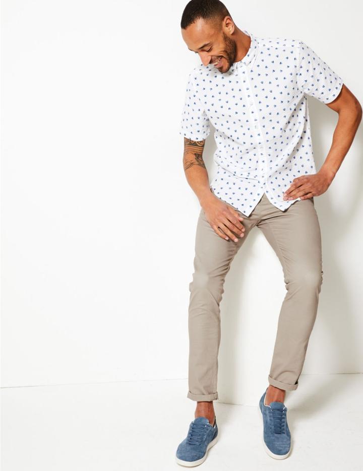 Marks & Spencer Pure Cotton Seersucker Shell Print Shirt White Mix