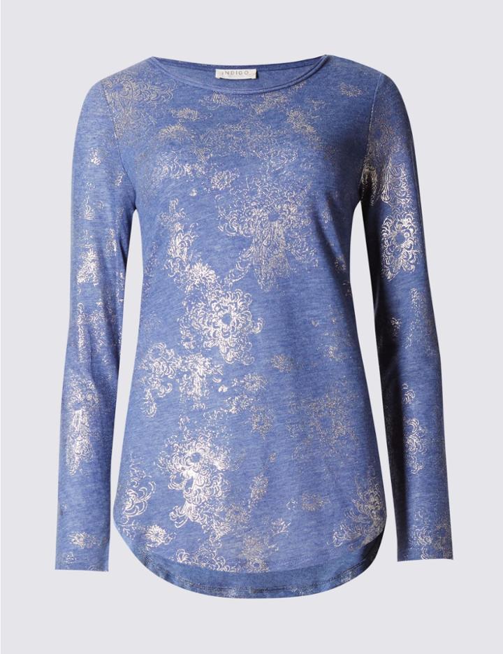 Marks & Spencer Floral Print Long Sleeve Jersey Top Blue Marl