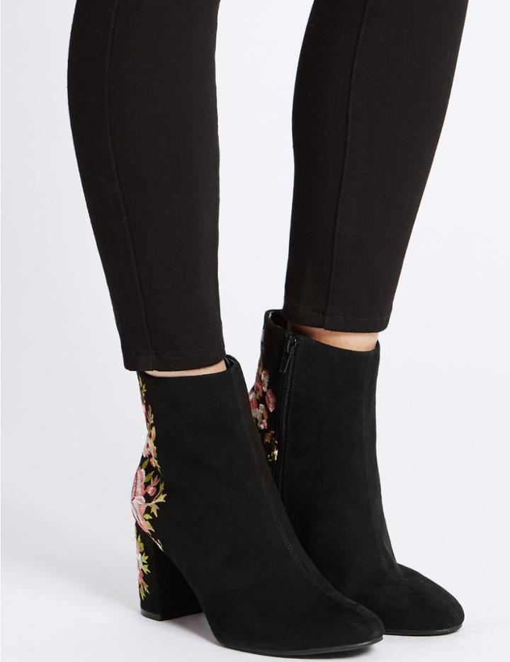 Marks & Spencer Block Heel Embroidered Ankle Boots Black
