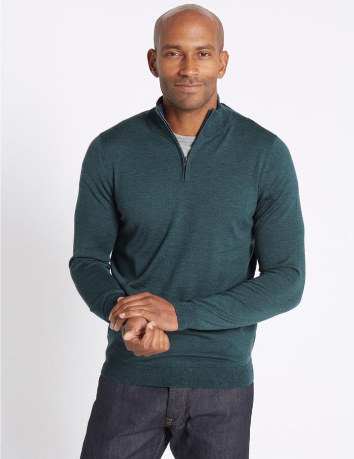 Marks & Spencer Pure Merino Wool Half Zipped Jumper Marine