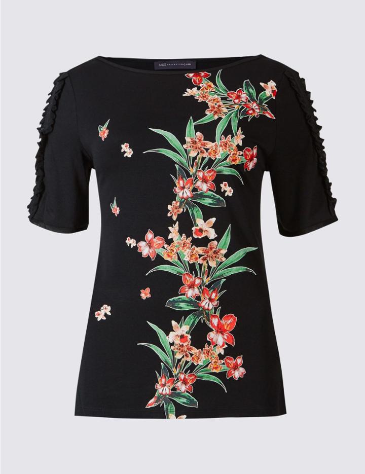 Marks & Spencer Petite Floral Print Ruffle Blouse Black Mix