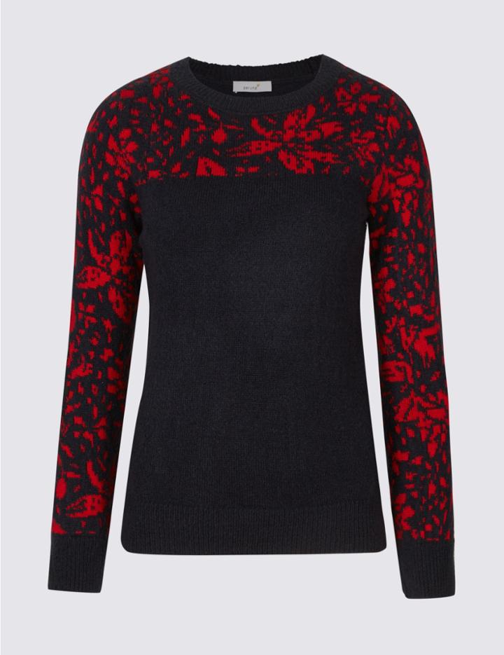 Marks & Spencer Jacquard Print Round Neck Jumper Navy Mix