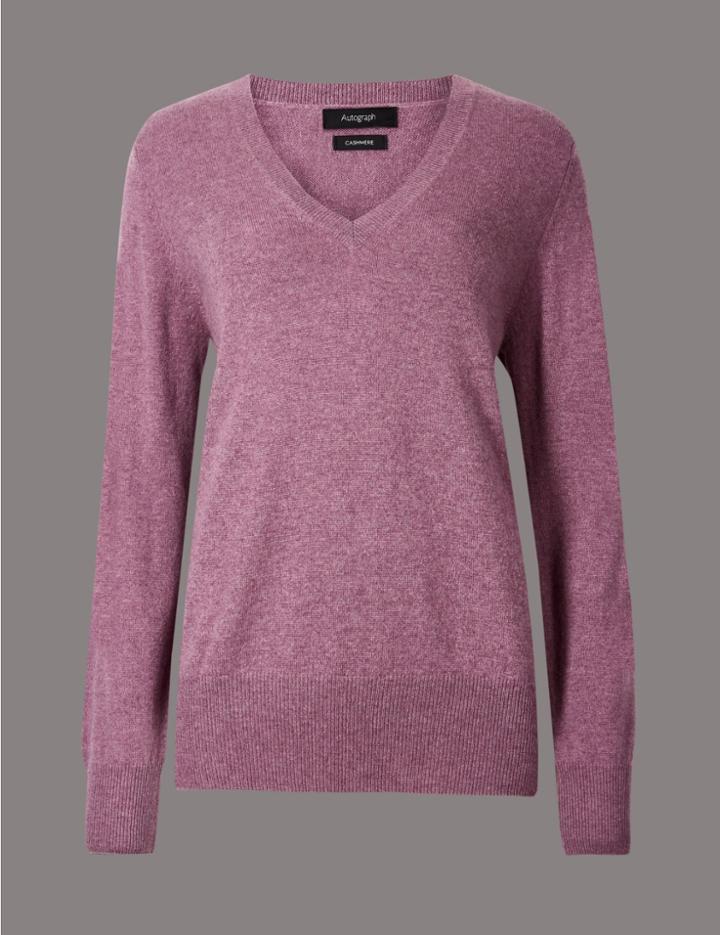 Marks & Spencer Pure Cashmere Ribbed Hem V-neck Jumper Lilac