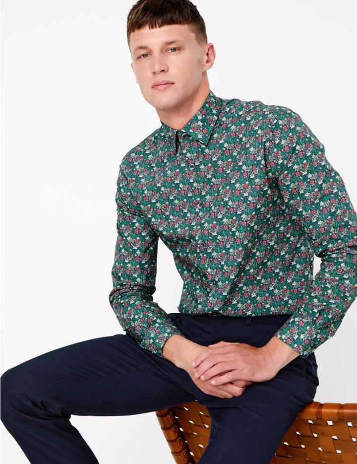 Marks & Spencer Tailored Fit William Morris Print Shirt Green Mix