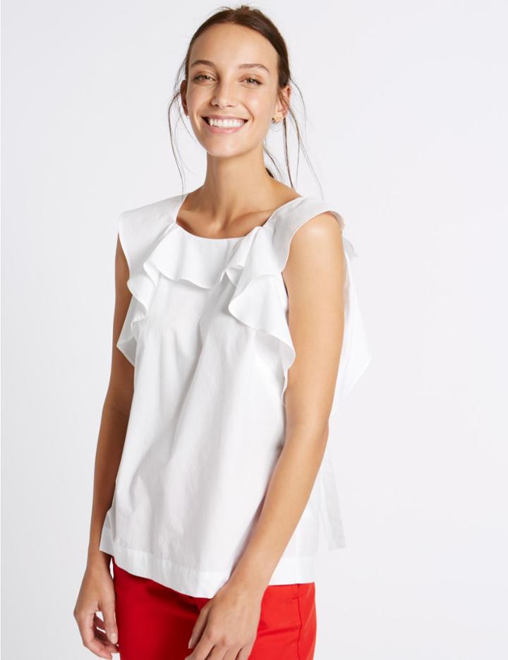 Marks & Spencer Pure Cotton Poplin Ruffle Sleeveless Blouse White