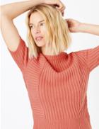 Marks & Spencer Cotton Ribbed Knitted T-shirt Cinnamon Blush