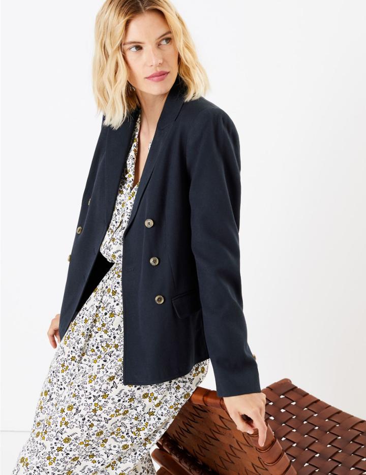 Marks & Spencer Double Breasted Blazer With Wool Navy Mix