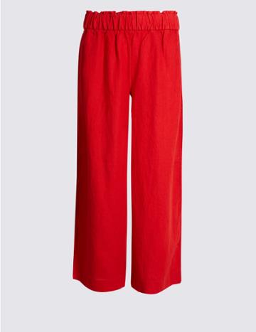 Marks & Spencer Pure Linen Cropped Wide Leg Trousers Red