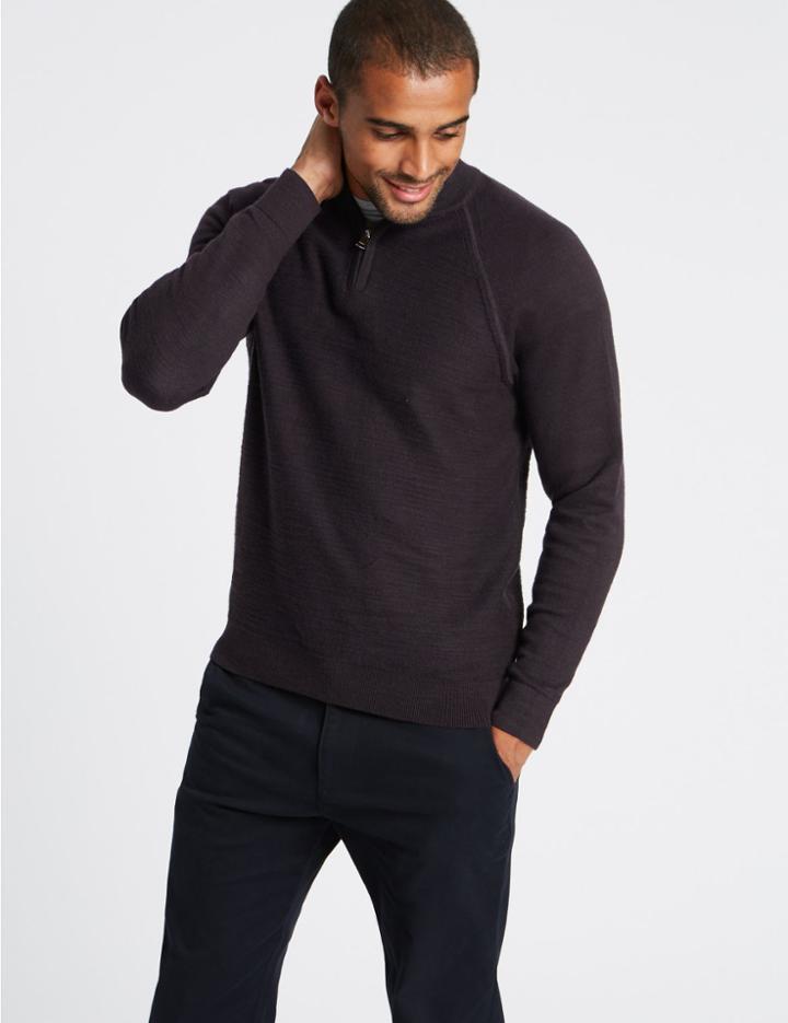 Marks & Spencer Pure Cotton Textured Funnel Neck Jumper Navy