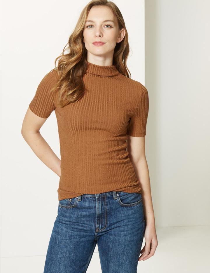 Marks & Spencer Textured Turtle Neck Short Sleeve Top Tan
