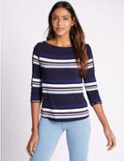 Marks & Spencer Striped Slash Neck 3/4 Sleeve Jersey Top Navy Mix