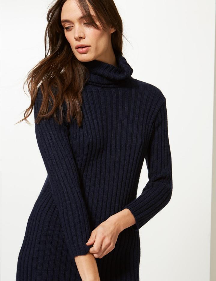 Marks & Spencer Ribbed Roll Neck Knitted Dress Navy