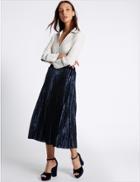 Marks & Spencer Velvet Pleated A-line Midi Skirt Navy