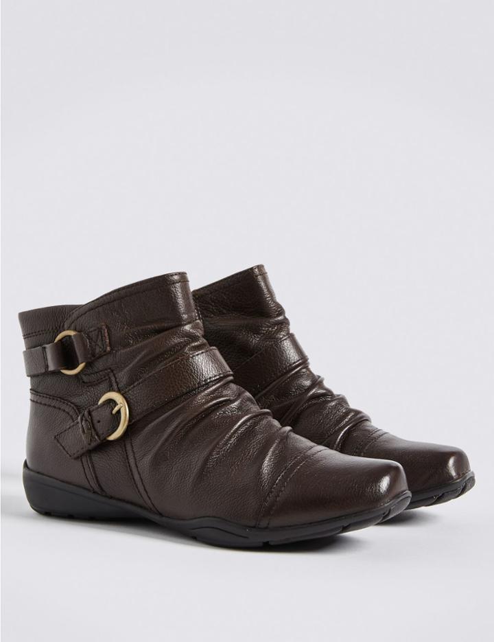 Marks & Spencer Wide Fit Leather Wedge Ruched Ankle Boots Brown