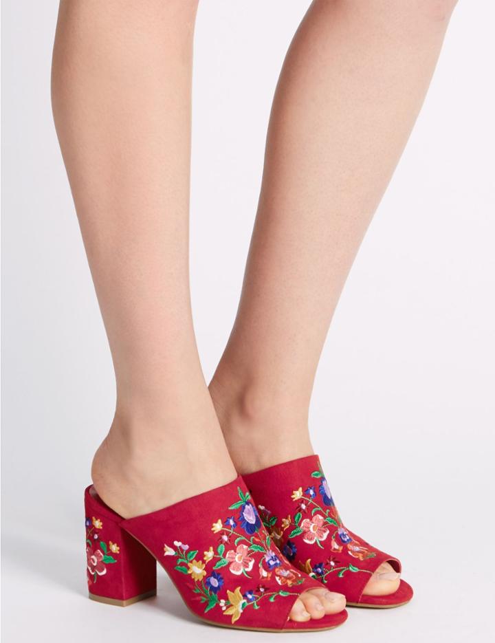 Marks & Spencer Angular Heel Embroidered Mule Shoes Red