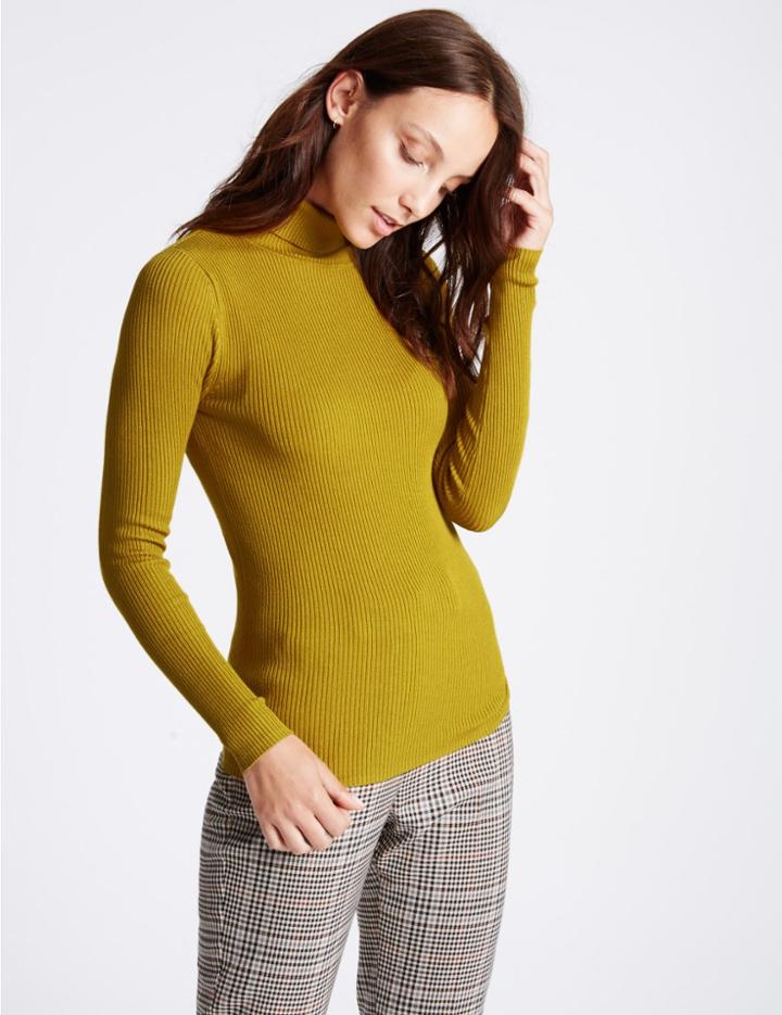Marks & Spencer Ribbed Polo Neck Jumper Antique Brass