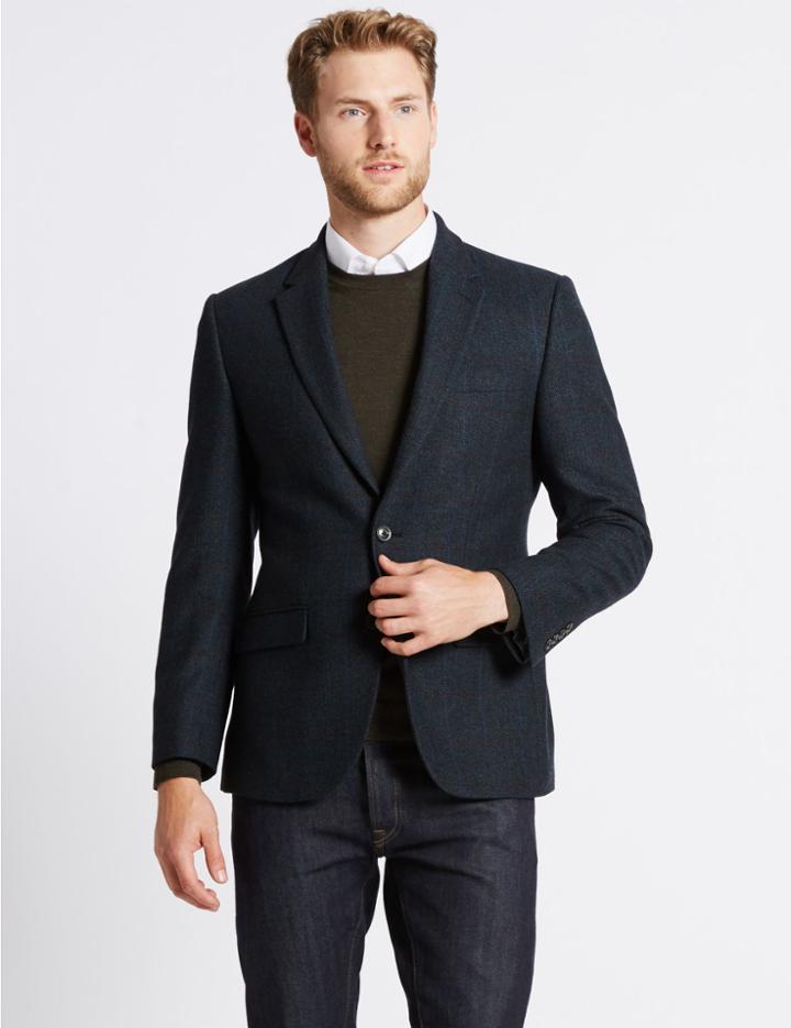 Marks & Spencer Wool Blend Checked Harringbone Jacket Navy
