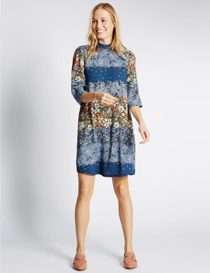 Marks & Spencer Ditsy Floral Print &frac34; Sleeve Swing Dress Blue Mix