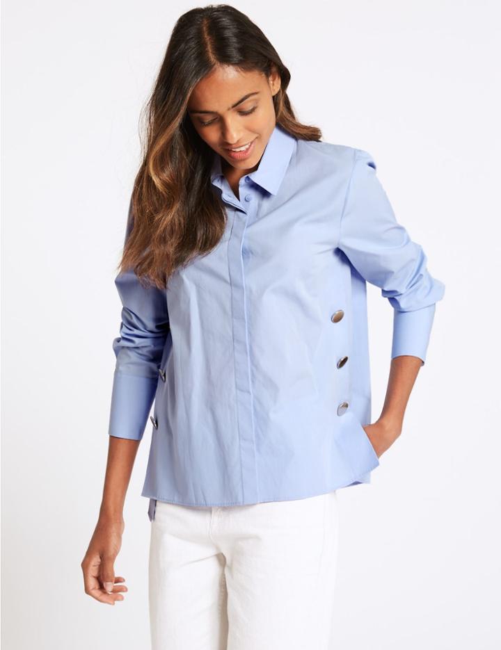 Marks & Spencer Pure Cotton Press Stud Long Sleeve Shirt Chambray