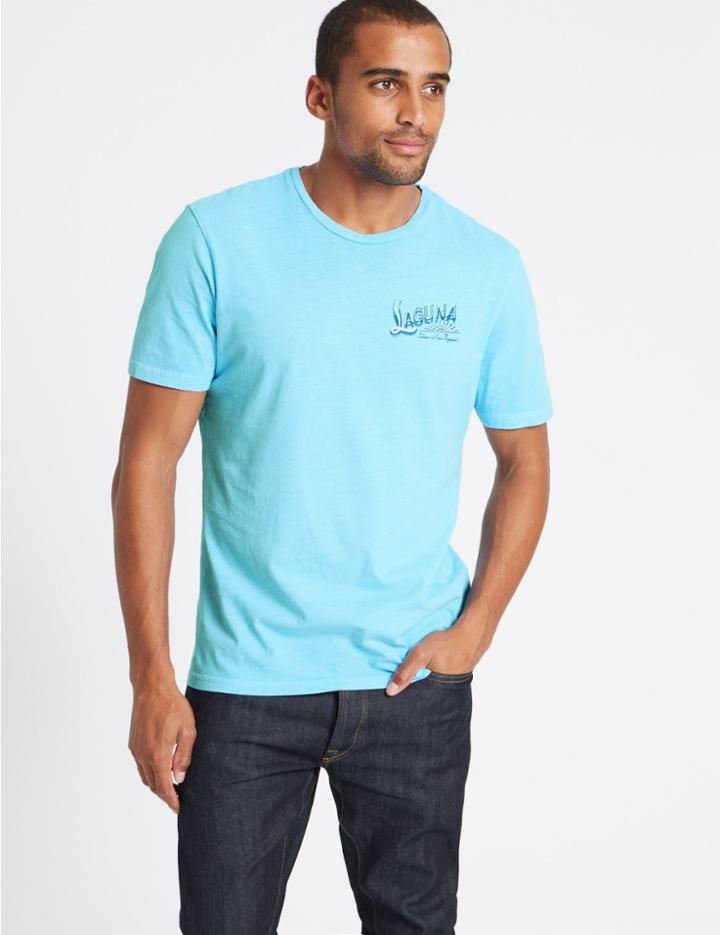 Marks & Spencer Pure Cotton Printed Crew Neck T-shirt Azure Blue