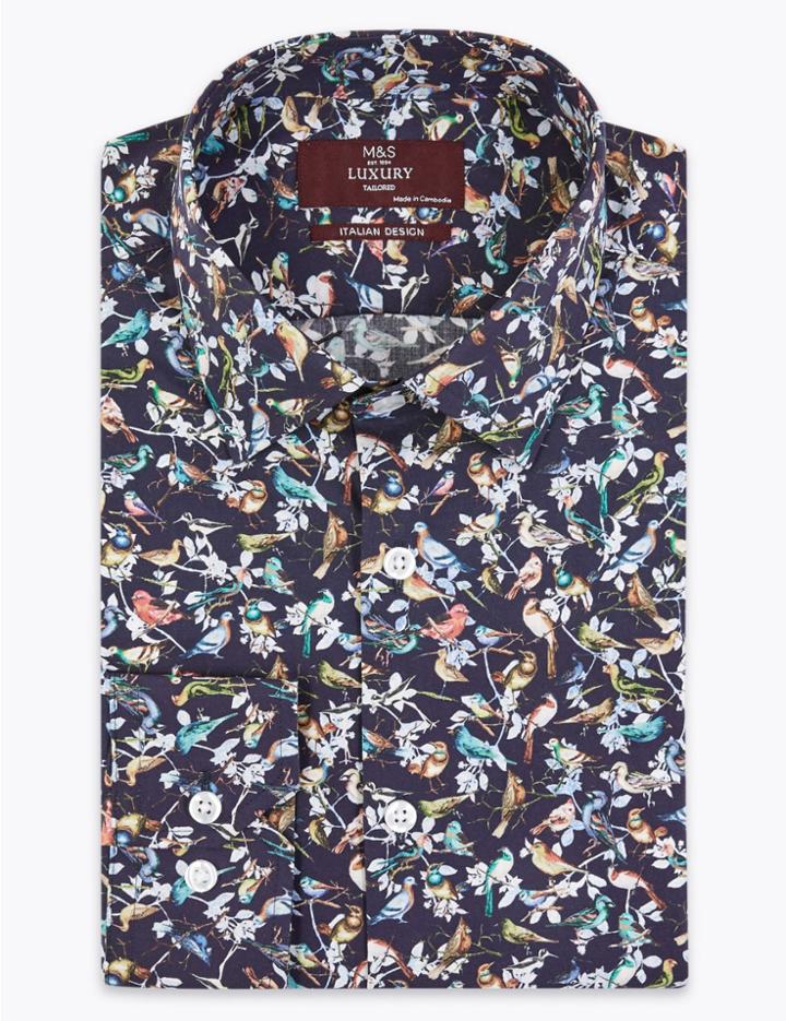 Marks & Spencer Tailored Fit Bird Print Easy To Iron Shirt Navy Mix