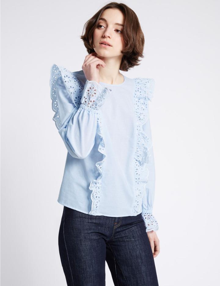 Marks & Spencer Pure Cotton Frill Detail Long Sleeve Blouse Blue Mix