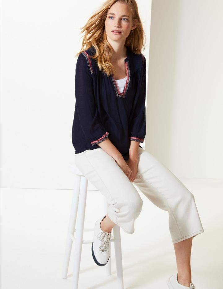 Marks & Spencer Notch Neck 3/4 Sleeve Blouse Navy