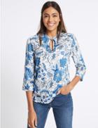 Marks & Spencer Floral Print Notch Neck &frac34; Sleeve Blouse Blue Mix