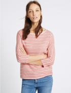 Marks & Spencer Cotton Rich Striped 3/4 Sleeve T-shirt Red Mix