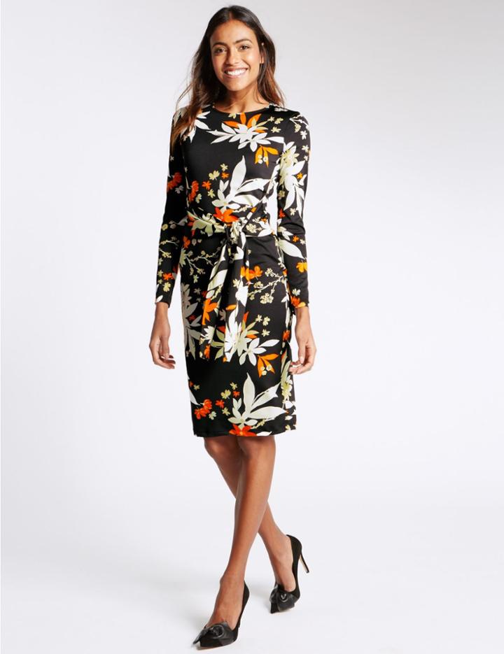 Marks & Spencer Floral Print Tie Front Long Sleeve Dress Black Mix