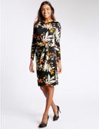 Marks & Spencer Floral Print Tie Front Long Sleeve Dress Black Mix