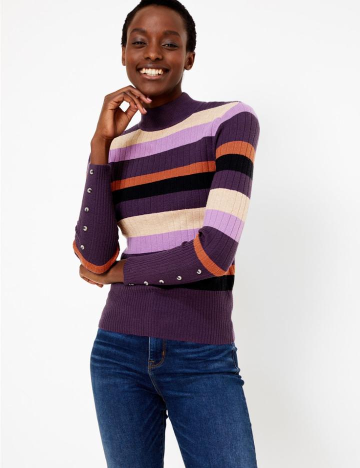 Marks & Spencer Striped Funnel Neck Slim Fit Jumper Purple Mix