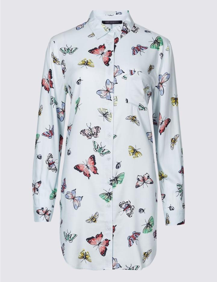 Marks & Spencer Butterfly Print Longline Long Sleeve Shirt Multi