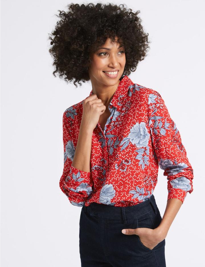 Marks & Spencer Pure Modal Floral Print Long Sleeve Shirt Red Mix