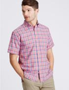 Marks & Spencer Pure Cotton Checked Shirt With Pocket Pink Mix