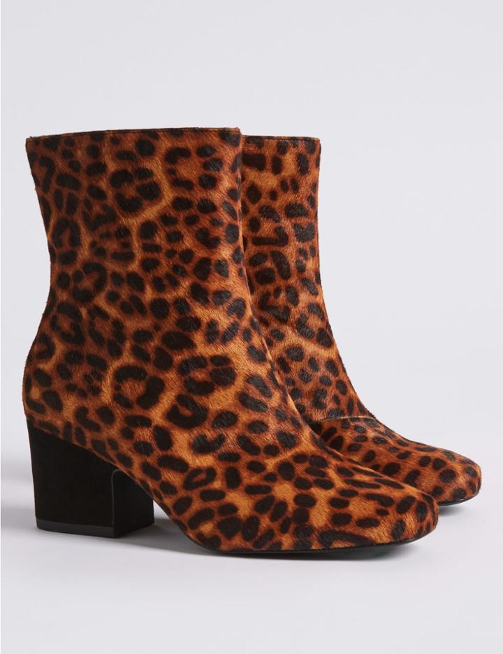 Marks & Spencer Leather Wide Fit Square Toe Ankle Boot Brown Mix