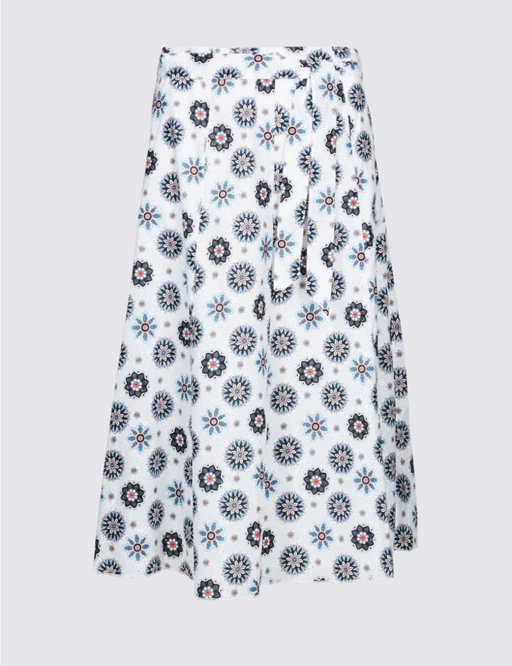 Marks & Spencer Pure Cotton Floral Print A-line Midi Skirt Blue Mix