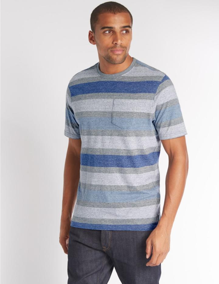 Marks & Spencer Pure Cotton Striped Crew Neck T-shirt Grey Mix