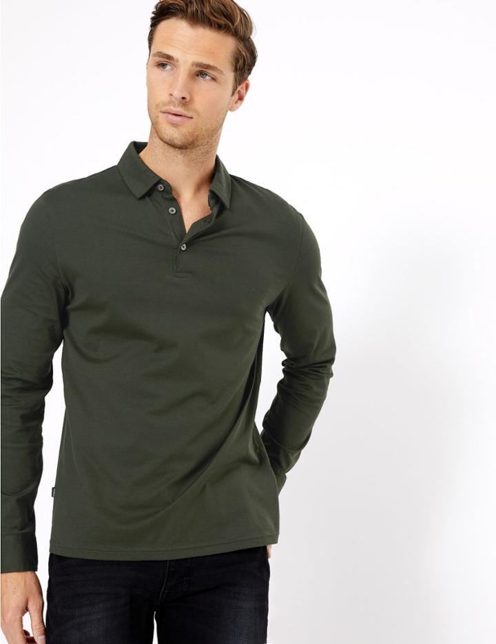 Marks & Spencer Supima Cotton Long Sleeve Polo Shirt Khaki