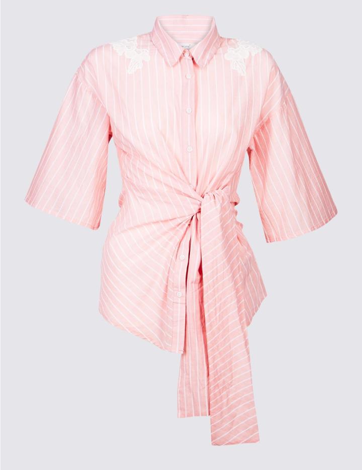 Marks & Spencer Pure Cotton Striped Embroidered Shirt Pale Pink Mix