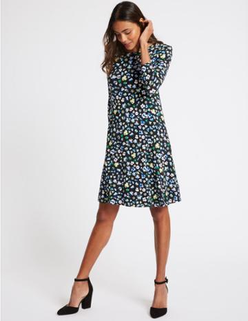 Marks & Spencer Floral Print 3/4 Sleeve Swing Dress Black Mix
