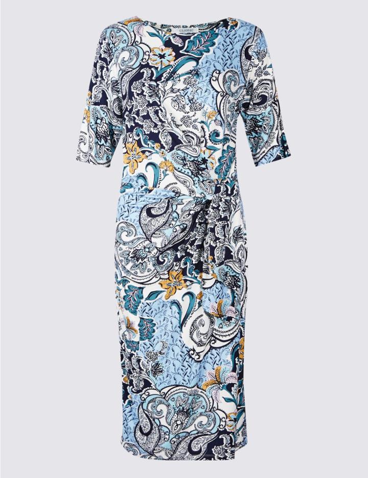 Marks & Spencer Ruched Paisley Print Shift Midi Dress Blue Mix