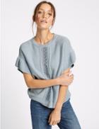 Marks & Spencer Pure Cotton Lace Trim Flared Sleeve Jumper Chambray