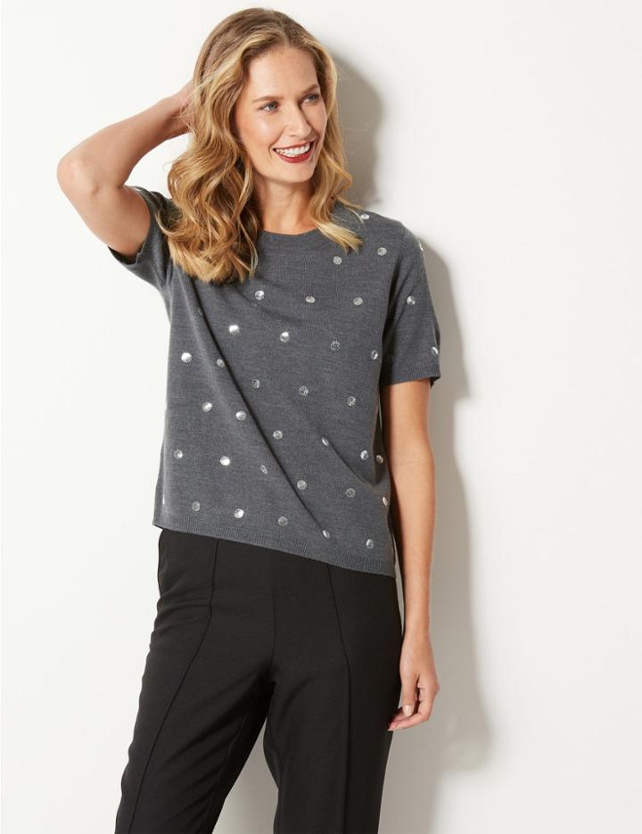 Marks & Spencer Embellished Round Neck Short Sleeve Jumper Dark Grey