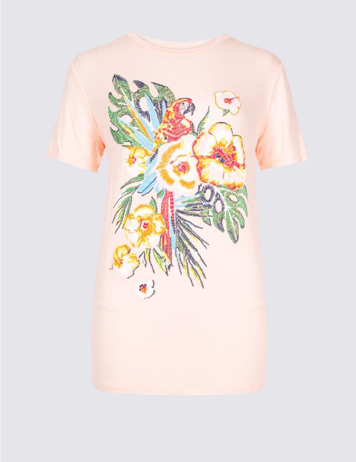 Marks & Spencer Printed Round Neck Short Sleeve Top Pink Mix