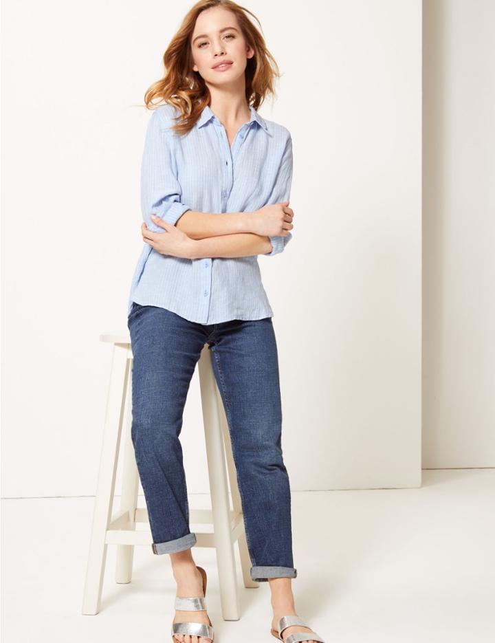 Marks & Spencer Petite Pure Linen Striped Shirt Blue Mix