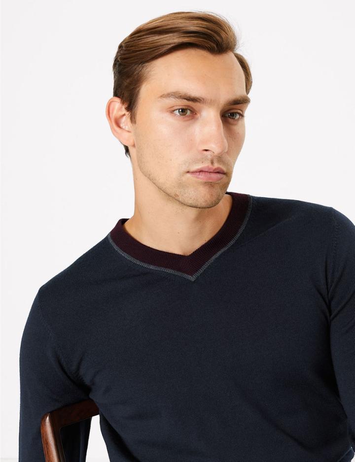 Marks & Spencer Merino Wool V Neck Jumper Navy Mix